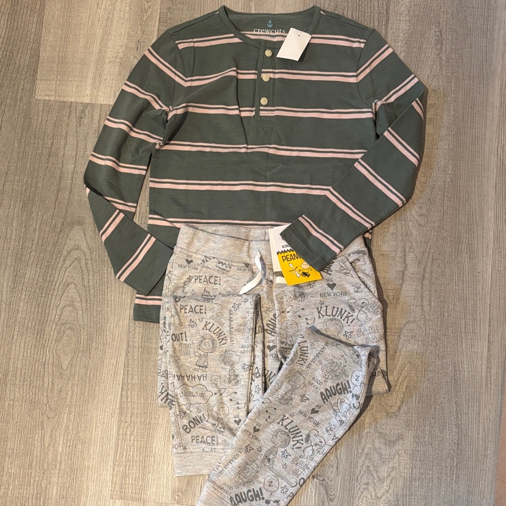Bundle - Green and Pink Striped Long Sleeve Top +  Peanuts Gray Graphic Pants